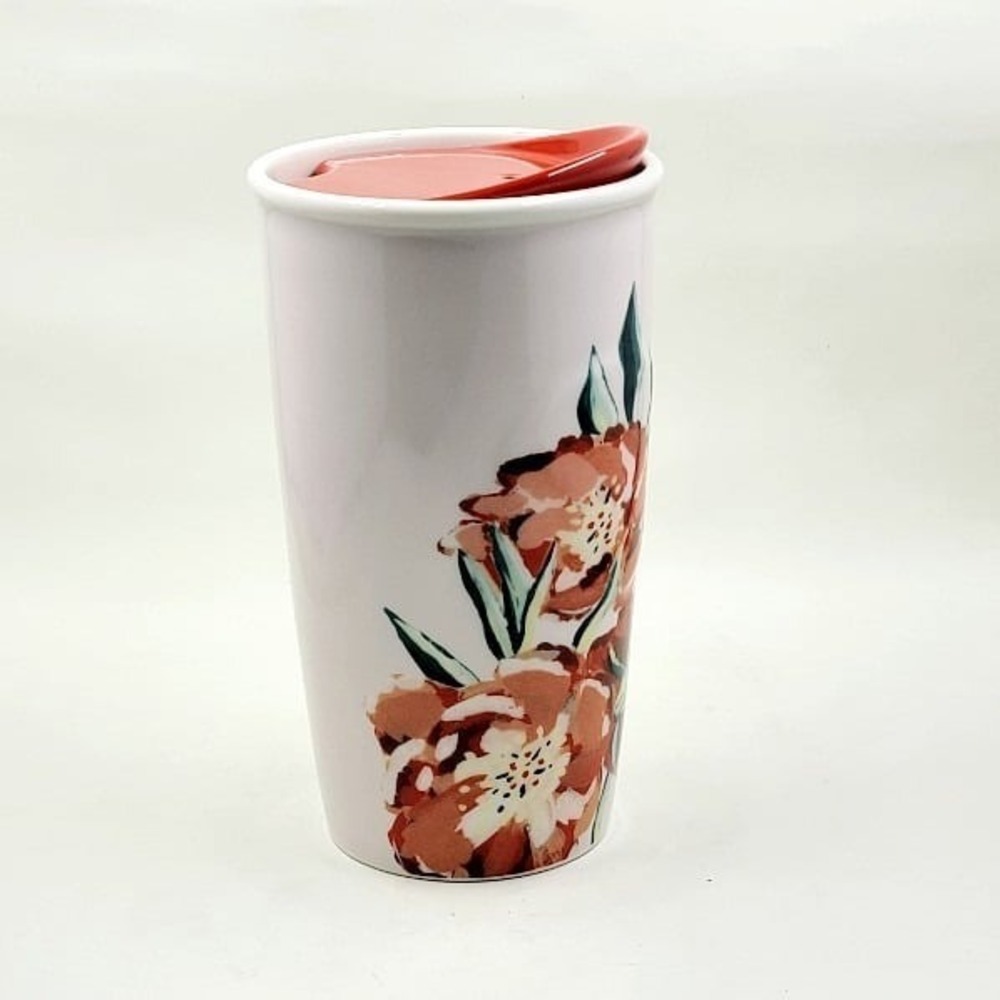 Starbucks Ceramic Travel Mug Red Pink Rose Floral 10oz - Picture 3 of 5